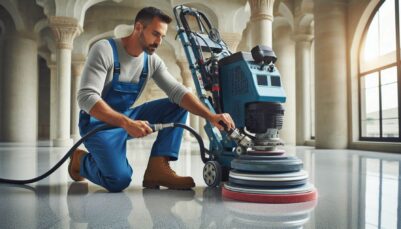 a man with a terrazzo repairs machine in chelsea repairing a terrazzo floor